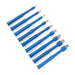 Nine blue, cylindrical punches with varying sized tips are arranged in two rows on a white background. They appear to be precision instruments.