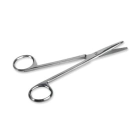A pair of small, straight surgical scissors rests on a plain white background.