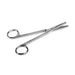 A pair of small, straight surgical scissors rests on a plain white background.