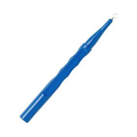 A blue, slender surgical instrument with a small loop at the tip rests on a plain white background.