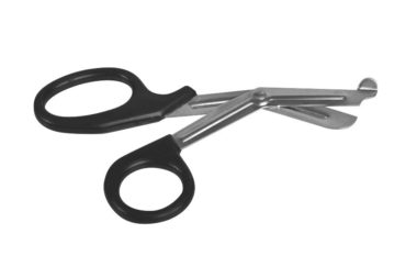 Bandage scissors with black handles are lying open against a white background.