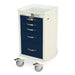A white medical cart with five dark blue drawers sits on four wheels.