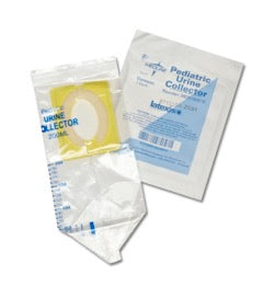 A pediatric urine collector bag, containing an adhesive pad, sits next to its packaging. The packaging indicates "Pediatric Urine Collector" and "Integlicare".
