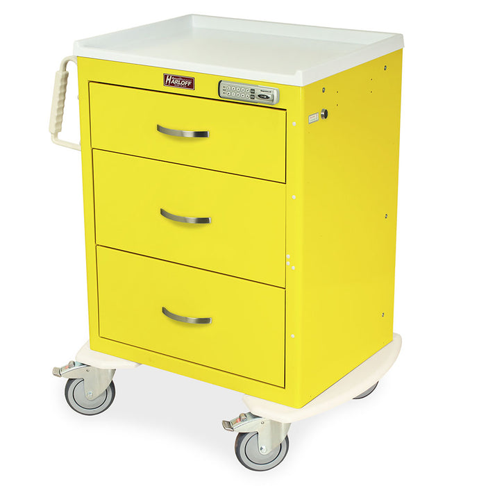 A yellow metal cart with three drawers and a white top sits on four wheels; it has a combination lock and a handle. HARLOFF is printed on the top.