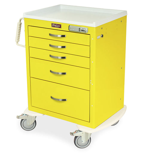 A yellow medical cart with five drawers and a keyed lock sits on four wheels. The top is white. "HARLOFF" is printed on the front.