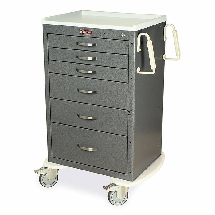 A gray metal cart with six drawers sits on wheels. Two handles are affixed to the side. The cart has a white top. "HARLOFF" is printed on the top.