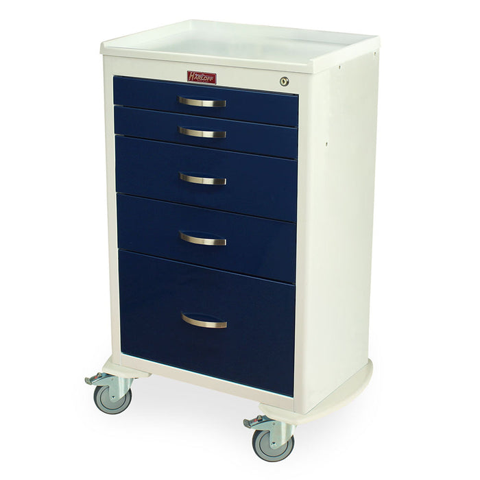 A five-drawer cabinet sits on four wheels. The lower drawers are dark blue, the upper ones and cabinet exterior are off-white. The cabinet is likely for storage.