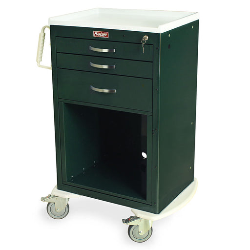 A dark-green medical cart with three drawers and a lower open compartment sits on four small wheels.