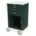 A dark-green medical cart with three drawers and a lower open compartment sits on four small wheels.