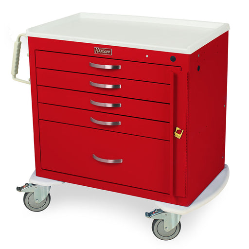 A red medical cart with multiple drawers and a side door sits on wheels. The cart has a white top and a "Harloff" label.