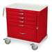 A red medical cart with multiple drawers and a side door sits on wheels. The cart has a white top and a "Harloff" label.