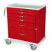 A red medical cart with five drawers sits on four wheels. It has a handle and a light-colored top.