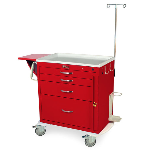 A red medical cart with four drawers and an attached side tray sits on wheels; a vertical pole extends from the top.