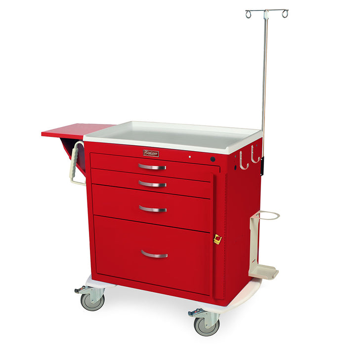 A red medical cart with four drawers and an attached side tray sits on wheels; a vertical pole extends from the top.