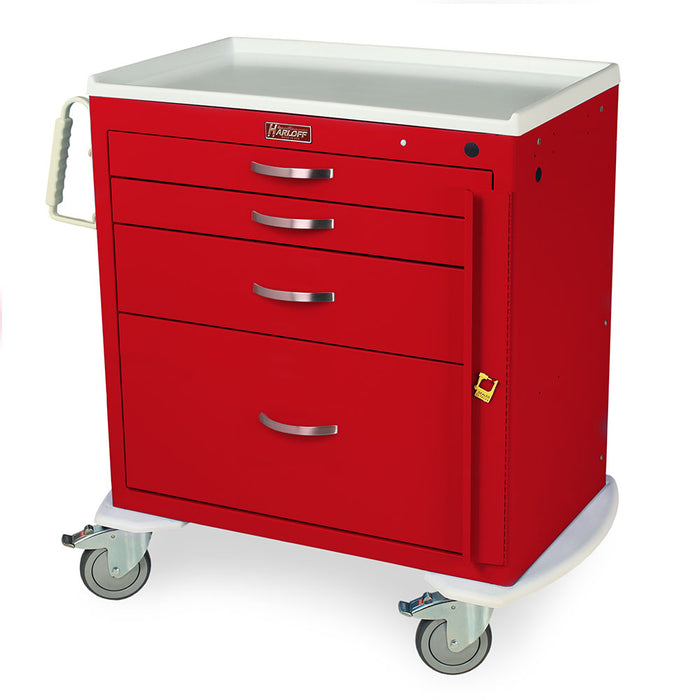 A red medical cart with four drawers and a side door sits on wheels. The top is white. "Harloff" is printed on the top.