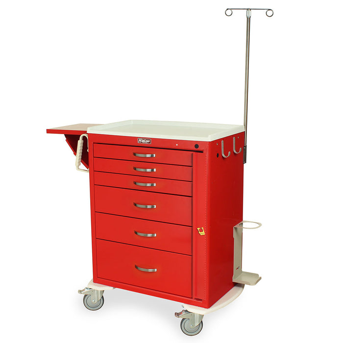 A red medical cart with six drawers and an IV pole stands on wheels in a clinical setting.