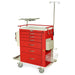 A red medical cart with multiple drawers and a shelf sits on wheels against a white background. It includes an IV pole and side storage.