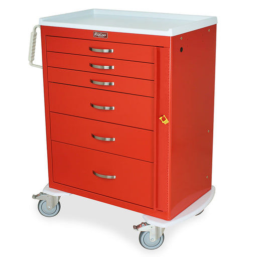A red medical cart with six drawers sits on four wheels. It has a handle and a white top.