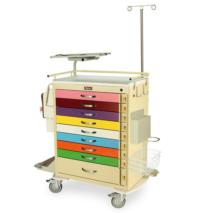 A medical cart with multiple colorful drawers sits on wheels; it features a small upper tray and a pull-out handle.