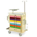 A medical cart with multiple colorful drawers sits on wheels; it features a small upper tray and a pull-out handle.