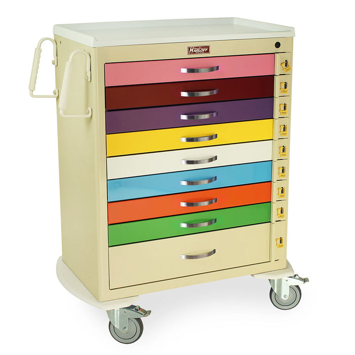A medical supply cart with nine colorful drawers sits on four wheels. Each drawer is labeled with a number.