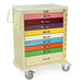 A medical supply cart with nine colorful drawers sits on four wheels. Each drawer is labeled with a number.