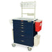 A navy blue medical cart with six drawers, a top shelf, and side bins sits on wheels in a sterile environment. The cart features a digital lock and the brand name "Harloff".
