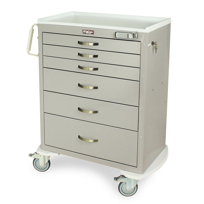 A light-grey metal cart with six drawers and a digital lock sits on wheels. The top is white. HARLOFF is printed on the top.