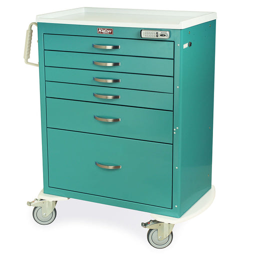A teal medical cart with six drawers sits on four wheels. The drawers are closed. The cart has a handle.