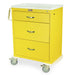 A yellow, three-drawer cart sits on wheels. It has a white top and a handle. The brand name "HARLOFF" is visible.