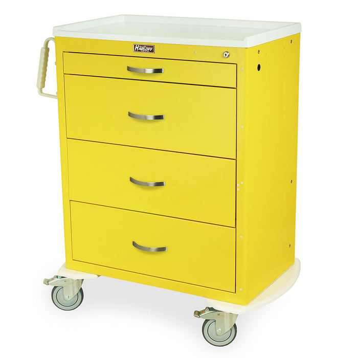 A yellow medical cart with four drawers sits on four wheels. The cart has a handle and a flat top.