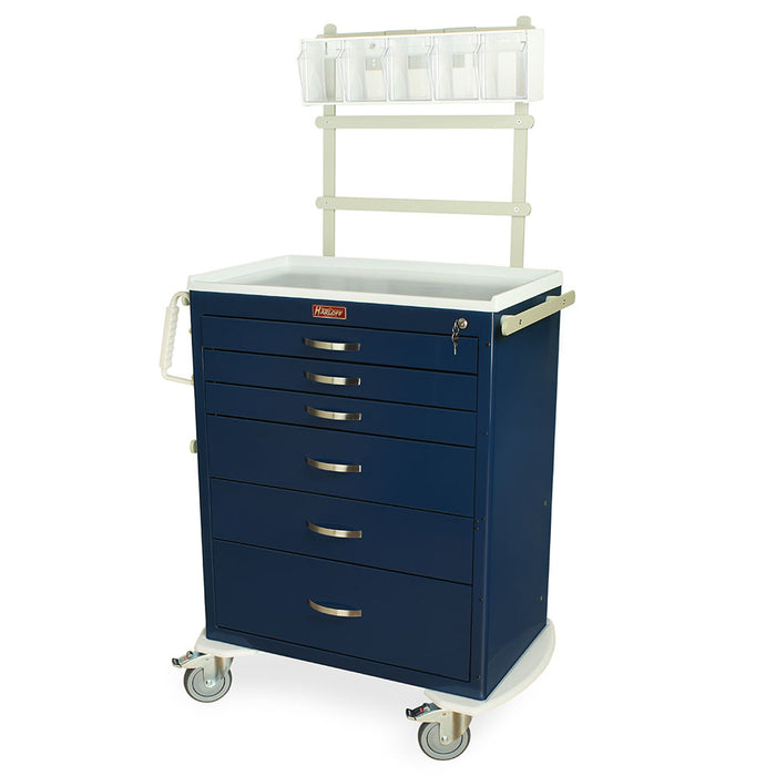 A navy blue medical cart with six drawers and an overhead shelf containing clear containers sits on wheels against a white background. The cart is labeled "Harloff".