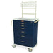 A navy blue medical cart with six drawers and an overhead shelf containing clear containers sits on wheels against a white background. The cart is labeled "Harloff".