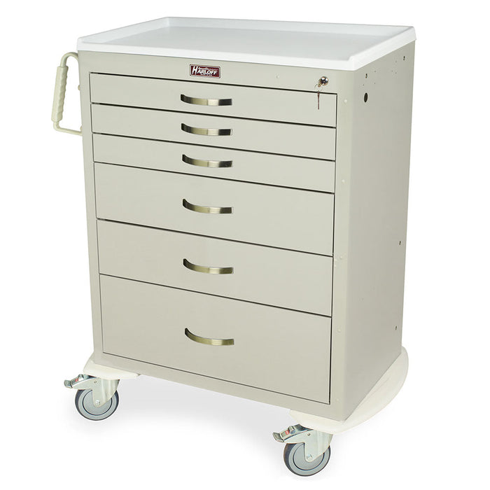 A beige, six-drawer cart sits on wheels. It has a white top and a handle. The brand name "Harloff" is visible.