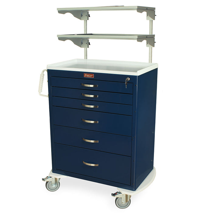 A navy blue medical cart with six drawers and a top shelf sits on four wheels. It is likely located in a hospital or medical setting.