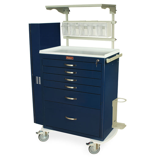 A dark-blue medical cart with multiple drawers sits on wheels. It features a top surface and an upper shelf. The cart is likely used for storing and transporting medical supplies.