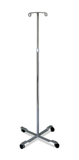 A chrome IV pole stands upright on a five-pronged base with wheels; it features a horizontal bar at the top.