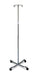 A chrome IV pole stands upright on a five-pronged base with wheels; it features a horizontal bar at the top.