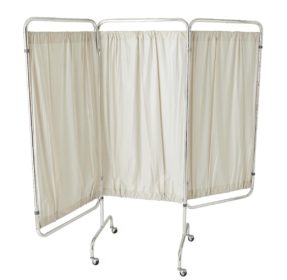 A three-panel room divider, stands on wheels, with off-white fabric panels providing privacy in a medical or similar setting.
