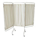 A three-panel room divider, stands on wheels, with off-white fabric panels providing privacy in a medical or similar setting.