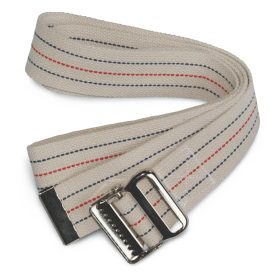 A beige fabric restraint belt with red and blue stripes lies on a white background; it features a metallic buckle.