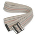 A beige fabric restraint belt with red and blue stripes lies on a white background; it features a metallic buckle.