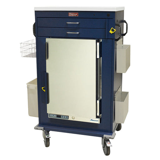 A navy blue medical cart with drawers, a refrigerated compartment, and storage bins sits on wheels. The compartment has a digital display and the brand name "Follett" is visible. The top drawer is labeled "Harlow".