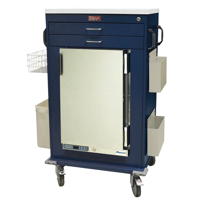A dark-blue rolling cart with a built-in refrigerator, drawers, and side storage sits on a white background. The refrigerator displays the word "Follett".