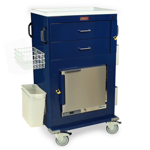 A navy blue medical cart sits on wheels. It features three drawers, a small refrigerator, a wire basket, and a waste bin. The cart is labeled "Harloff".