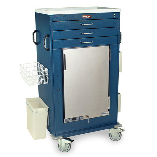 A dark-blue medical cart with drawers and a large compartment sits on wheels. It contains a smaller, off-white box at its base.