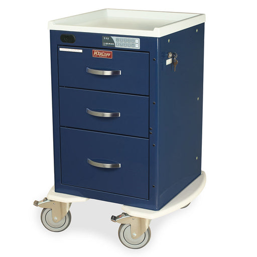 A dark-blue medical cart with three drawers sits on four wheels. It appears to be designed for storage and mobility within a clinical setting.