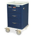 A dark-blue medical cart with three drawers sits on four wheels. It appears to be designed for storage and mobility within a clinical setting.