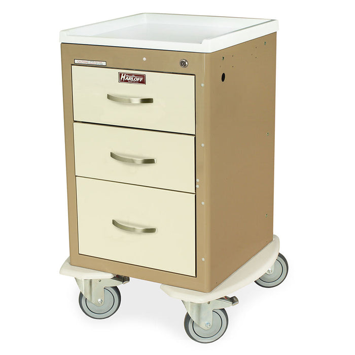 A beige medical cart with three drawers sits on four wheels. The drawers are off-white and have small, metallic handles.