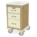 A beige medical cart with three drawers sits on four wheels. The drawers are off-white and have small, metallic handles.